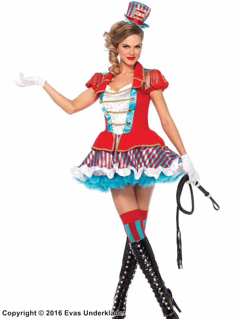 Circus ringmaster, costume dress, ruffles, fringes, stripes